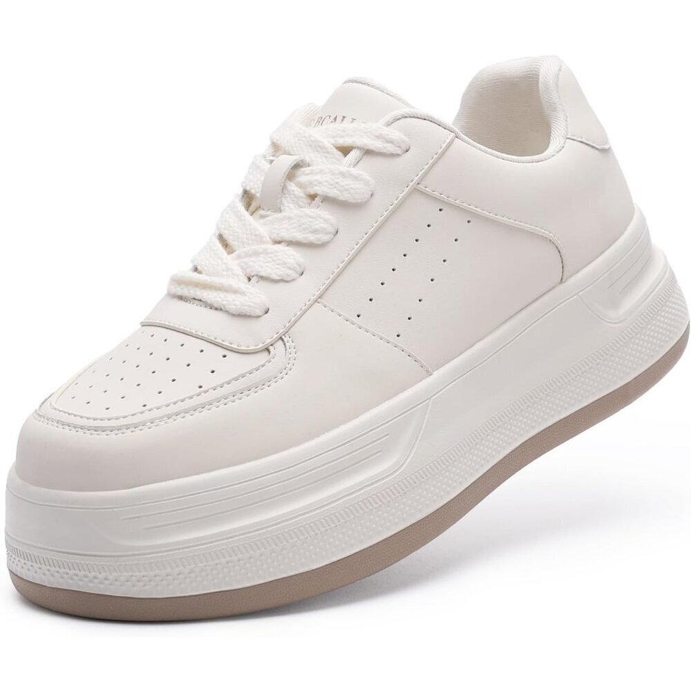 Women’s Leather Beige Lace Up Lightweight Stylish Casual Sneaker Shoes